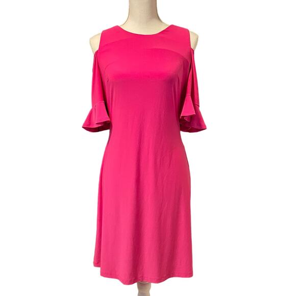 Tommy Hilfiger Hot Pink Ruffled Sleeve Cut Shoulder Body Con Knee Length Dress - Picture 3 of 5